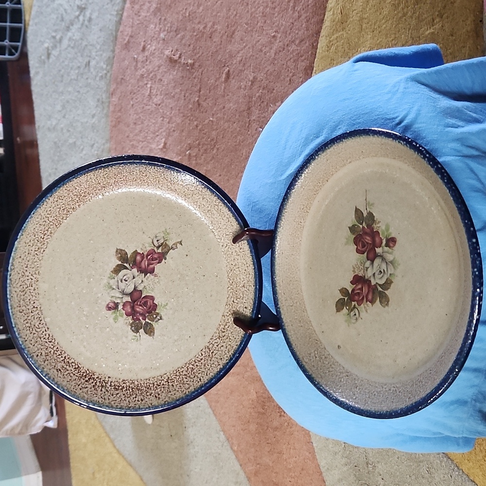 2 Monroe Salt Works salt glazed stoneware pottery Floral Design 11”dinner plate